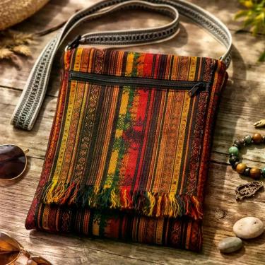 Imagem de Bolsa Peruana Lateral Transversal Grande Boho Franja Unisex - Artesana
