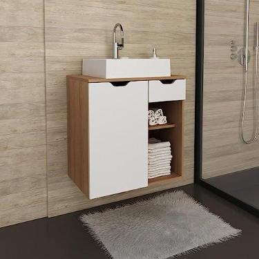Imagem de Gabinete Suspenso para Banheiro 60cm 1 Porta 1 Gaveta 2 Nichos Bn3605 Tecno Mobili Amêndoa/branco