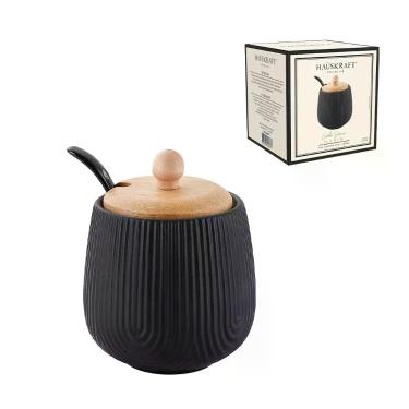 Imagem de Açucareiro Cerâmica 300ml Com Colher E Tampa De Bambu Preto Hauskraft