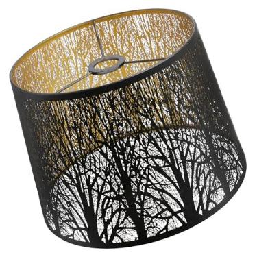 Imagem de Abajur de metal vintage de tambor, padrão de árvore florestal, 30,5 cm L x 35,5 cm P x 25,4 cm, cor antiga, abajur de cobertura de ferro para candeeiros de mesa, luminárias de chão, luminária pendente