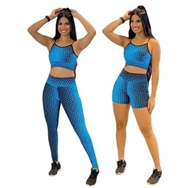 Imagem de Conjunto 3 Peças Roupa Academia Calça Shorts Top Alçinha Fitness Tamanho:P;Cor: Azul Escuro