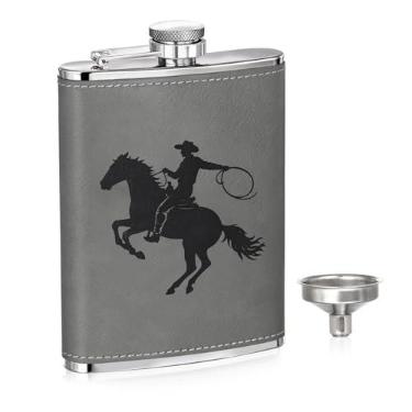 Imagem de Cantil de aço inoxidável com envoltório de couro PU – Frasco de uísque para homens com funil de aço inoxidável, frasco de bolso à prova de vazamento para acampamento, caminhada, ao ar livre, presente