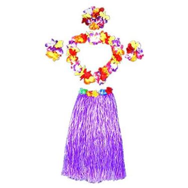 Imagem de Saia de grama para dançarino havaiano adulto elástico com conjunto de fantasia de flor, Roxa