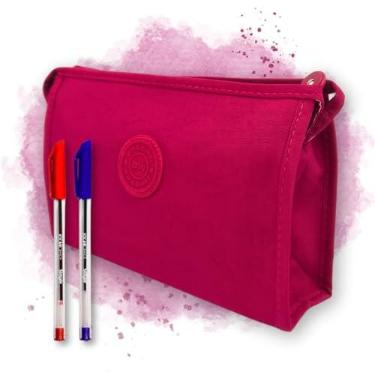 Imagem de Estojo Grande Feminino Masculino Nylon Amassado + 2 Canetas 1 Azul e 1 Vermelha Menino Menina Escolar 100 Pens (Rosa Pink)