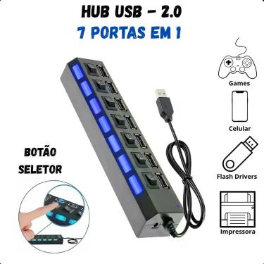 Imagem de Hub USB 2.0 com 7 Portas para USB, HD Externo, Pendrive e Mouse - FAZA