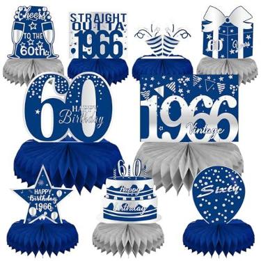 Imagem de LINAYE Camisa masculina de festa de aniversário de 60 anos - design favo de mel azul e prata, cartolina de manga curta para puxar (tamanho M)