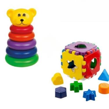 Imagem de Kit Brinquedos Educativos Ursinho + Pato + Bola Didatica +Cubo Didático com Peças para Encaixar(URSO+PATO+BOLA+CUBO)