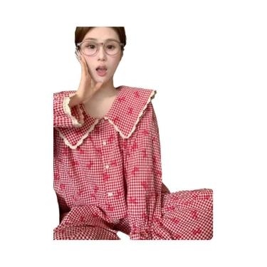 Imagem de Conjunto De Pijama Feminino Estilo Cardigã Com Estampa Xadrez, Roupa D