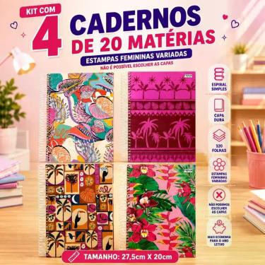 Imagem de Kit 4 Caderno Feminino 20 Matérias 320 Folhas Capa Dura - Nova caderno