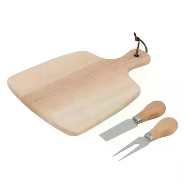 Imagem de Kit Tábua para Queijo 3 Peças com Faca e Garfo em Madeira e Inox para Servir Frios Amadeirado Uni Home