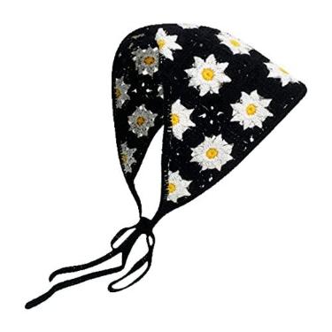 Imagem de Bandana de crochê lenço de cabelo tricotado boho vintage tiaras triangulares laço de cabelo floral feito à mão, Estilo 14, One Size