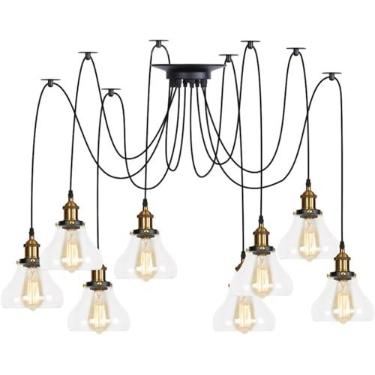 Imagem de Luminária pendente ajustável múltipla DIY teto aranha lâmpada, latão V-intage industrial vidro transparente sombra lustre pendurado iluminação, decoração moderna