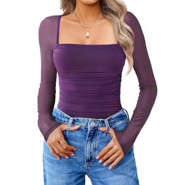 Imagem de Avidlove Body feminino de malha com gola quadrada e manga comprida franzido, roupa sexy transparente para encontros noturnos, Roxo escuro, P