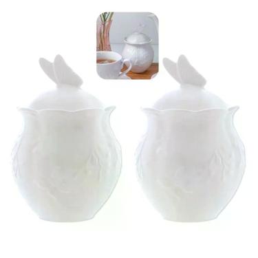 Imagem de Kit 2 Açucareiro New Bone Butterfly para Açúcar Porcelana com Tampa Borboletas e Flores Branco Lyor