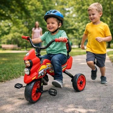 Imagem de Triciclo Infantil Moto Vermelha Pedal Passeio Criança Rodas Largas Seg