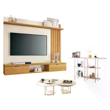 Imagem de Kit Painel Suspenso Lets com Mesa de Centro Sky e Aparador Infinity 2 Portas MDP e MDF Off White HB Móveis