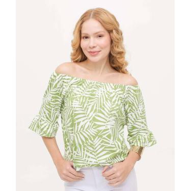 Imagem de Blusa Feminina Ciganinha Folhas Manga 3/4 Marisa-16023, Verde, M