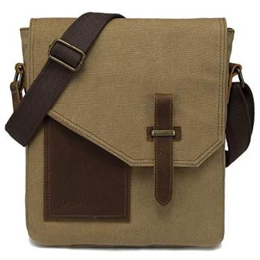 Imagem de Bolsa de Mensageiro Pequena, VASCHY Bolsa de Couro de Lona Vintage Leve Bolsa Transversal para Homem Mulher,Cáqui