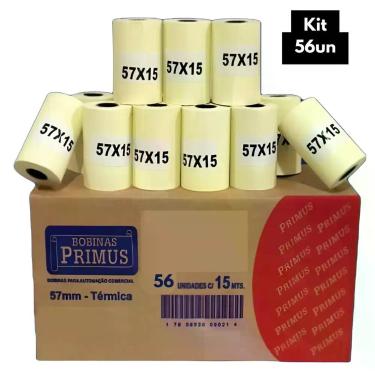 Imagem de Kit 56 Rolos Bobina Térmica 57mm x 15m Branca 48g Cartão Impressora PD