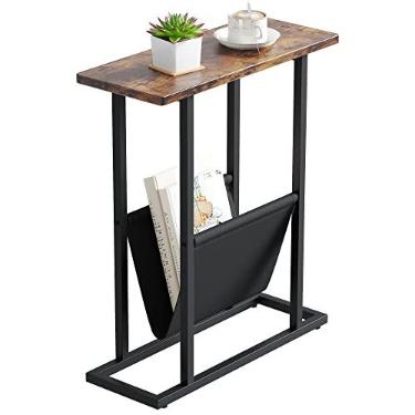 Imagem de Yusong Mesa lateral estreita para espaços pequenos, mesa de canto pequena com suporte de revista, mesa fina e fina para sala de estar, quarto, sofá, marrom rústico