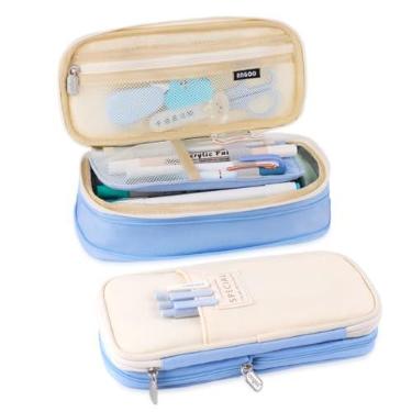 Imagem de iSuperb Estojo de lápis dobrável com zíper de lona estética de grande capacidade compartimentos organizadores de papelaria bolsa de canetas para crianças, meninas, meninos, adolescentes, crianças