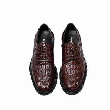 Imagem de Sapato social masculino autêntico exótico pele de crocodilo casual marrom couro de jacaré genuíno com cadarço bico redondo Derby sapatos, Marrom, 39