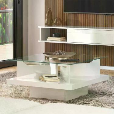 Imagem de Mesa de Centro Clear Quadrada Vidro Temperado 6mm Base Tamburato 70cm Off White Artely