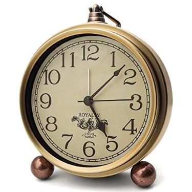 Imagem de Maxspace Relógio de mesa dourado de metal, retrô, vintage, sem tique-taque, pequeno despertador, operado por bateria, movimento de quartzo silencioso, relógio de mesa de vidro HD para quarto, sala de