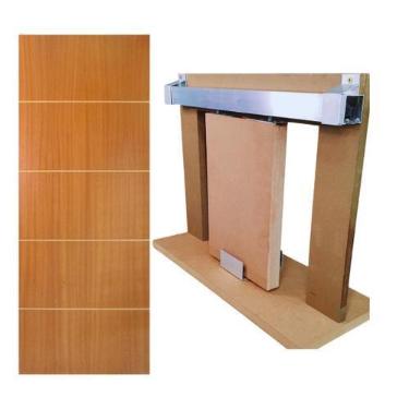Imagem de Kit Porta Madeira Frisada 4009 - 80x210 + Trilho Correr 1,60 Natural +