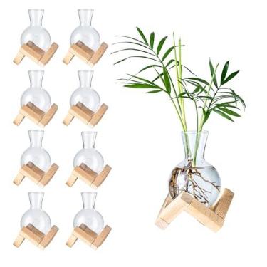 Imagem de wangsdjy Estações de propagação, vasos de propagação com suporte de madeira, pequenos vasos de vidro de mesa para estação de propagação de plantas hidropônicas, decoração de escritório em casa
