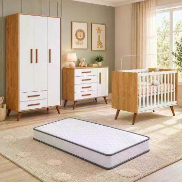 Imagem de Quarto de Bebê Completo Q Encanto 3 Portas 4 Gavetas MDP 15-12 e MDF Freijó Kit com Guarda Roupa Cômoda Berço Mini Cama
