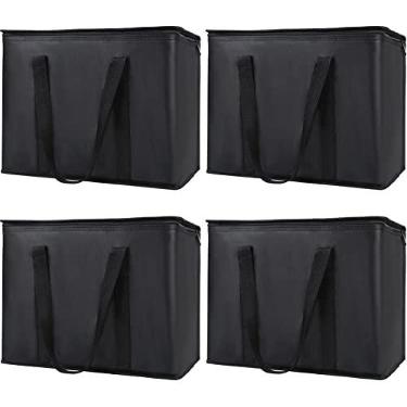 Imagem de Bolsa térmica macia isolada, sacola dobrável para compras de supermercado para entregas de alimentos, portátil, preta, pacote com 4, grande