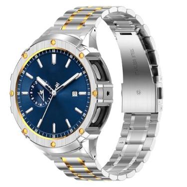 Imagem de BAITEYOU Pulseiras de aço inoxidável com capa compatível com Samsung Galaxy Watch 4 5 de 44 mm, capa protetora robusta e pulseira de metal para Galaxy Watch 4 5 de 44 mm (prata e ouro)