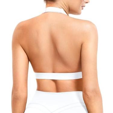 Imagem de YEOREO Roxanie Sutiã esportivo feminino, frente única, gola redonda, removível, acolchoado, aberto nas costas, ioga, treino, cropped, Branco, G