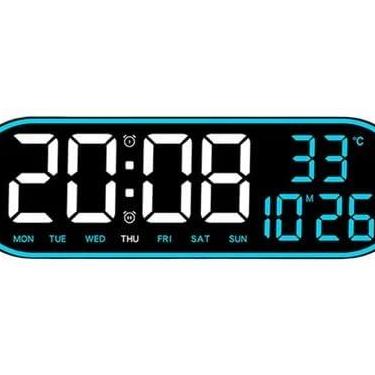 Imagem de Relógio Digital LED Azul Oval Mesa e Parede com Controle Remoto – Data, Temperatura, Alarme, Cronômetro e Números Grandes