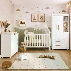 Quarto de Bebê com Berço Mini Cama, Cômoda 1 Porta 4 Gavetas e Roupeir