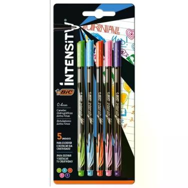 Imagem de Caneta BIC Intensity Ponta Porosa 0.4mm 5 Cores Verde e Azul e Laranja e Rosa e Roxo