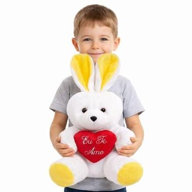 Imagem de Coelho Grande de Pelúcia 48cm com Coração "Eu Te Amo" Presente Infantil Páscoa (Amarelo)
