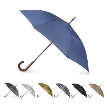 Imagem de Tote's Guarda-chuva masculino Eco Auto Open com cabo de madeira J Stick, Azul, One Size, Bastão de madeira automático