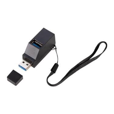Imagem de Mini Hub USB com 3 entradas, 1 delas 3.0, cordão para transporte e tampa de proteção (preto)