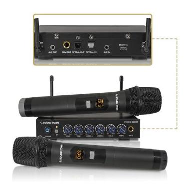 Imagem de Sound Town Microfone sem fio de 100 canais, sistema misturador de karaokê com 2 microfones portáteis metálicos, óptico (Toslink), AUX, para Smart TV, Home Theater, Sound Bar (SWM16-2MEGA)
