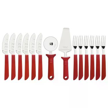 Imagem de Kit Pizza 14 Peças Lâminas Aço Inox Cabos Polipropileno Compatível Máquina Lavar Louças Vermelho Tramontina