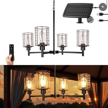 Imagem de ALL FORTUNE Lustre de gazebo solar ao ar livre, 4 luzes pendentes solares de fio de cobre de 50,8 cm, lustre externo para gazebo, pérgola, varanda