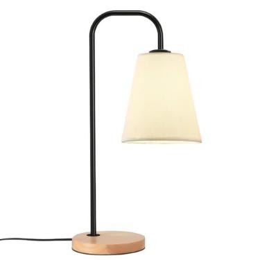 Imagem de YIKEGE LICHT Abajur de mesa de madeira, luminária de cabeceira pequena e fofa E26 com abajur de tecido branco, luz noturna lateral de mesa de meio século para berçário, quarto, quarto de criança, sala