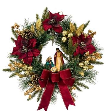 Imagem de Svndlyn Guirlanda de Natal de presépio iluminada com laço, poinsétias e
