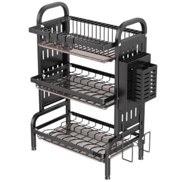 Imagem de Escorredor de Louça Inox 3 Andares com Bandeja Coletora de Água e Base Antiderrapante Modular, Versátil e Antiferrugem Preto Porta-Pratos Talheres Copos Organização Casa e Cozinha Suspenso LEUZZA
