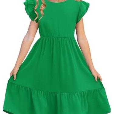 Imagem de Haloumoning Vestido infantil para meninas, verão, camada dupla, manga com babados, 5 a 14 anos, Verde, 13-14 Anos