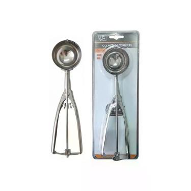 Imagem de Colher de Sorvete com Ejetor Aço Inox Concha Arredondada Cabo Anatômico Dosadora Bolas Prata Ke Home