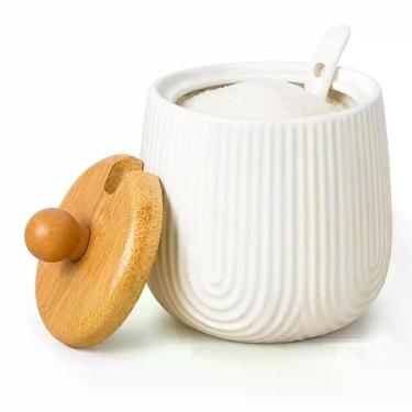 Imagem de Açucareiro de Cerâmica com Tampa de Bambu e Colher 360ml Branco e Dour