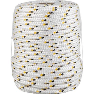 Imagem de Vonder, Corda Multifilamento Trançada 12,0 Mm X 50 M, Branca Com Detalhes Em Preto E Amarelo.